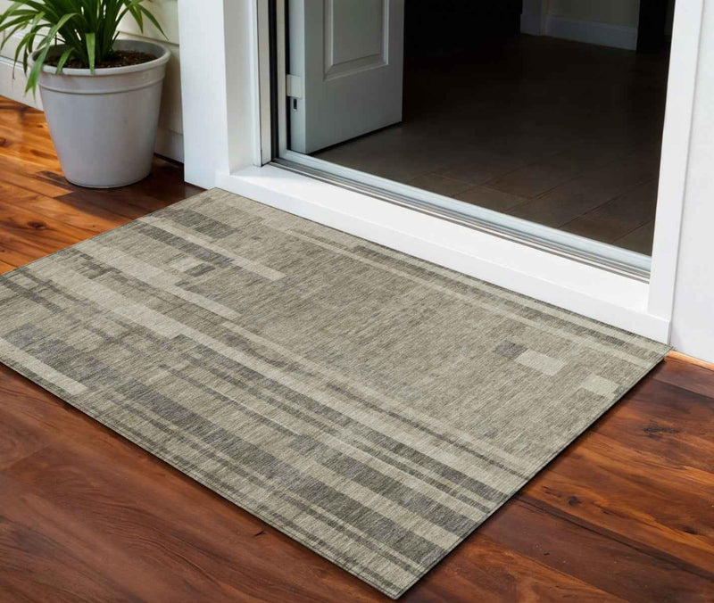 3' X 5' Taupe And Dark Gray Striped Washable Indoor Outdoor Area Rug