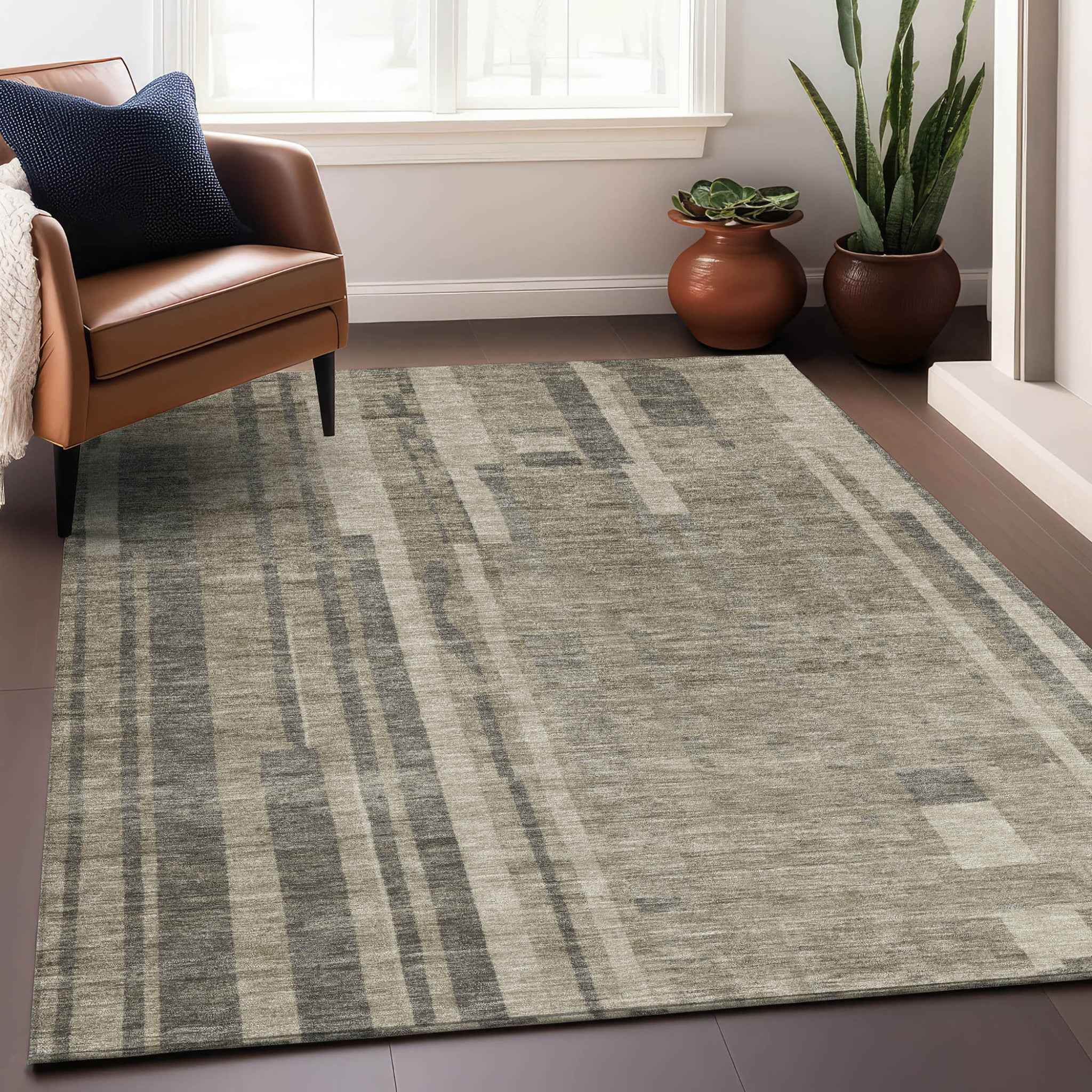 3' X 5' Taupe And Dark Gray Striped Washable Indoor Outdoor Area Rug