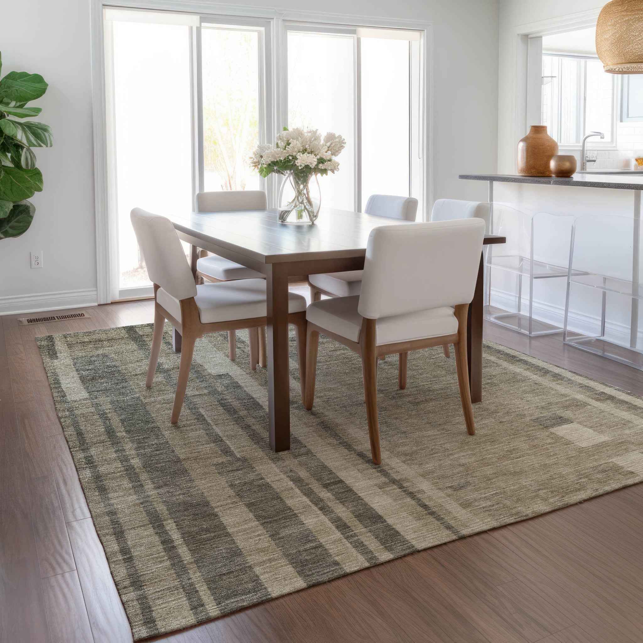 3' X 5' Taupe And Dark Gray Striped Washable Indoor Outdoor Area Rug