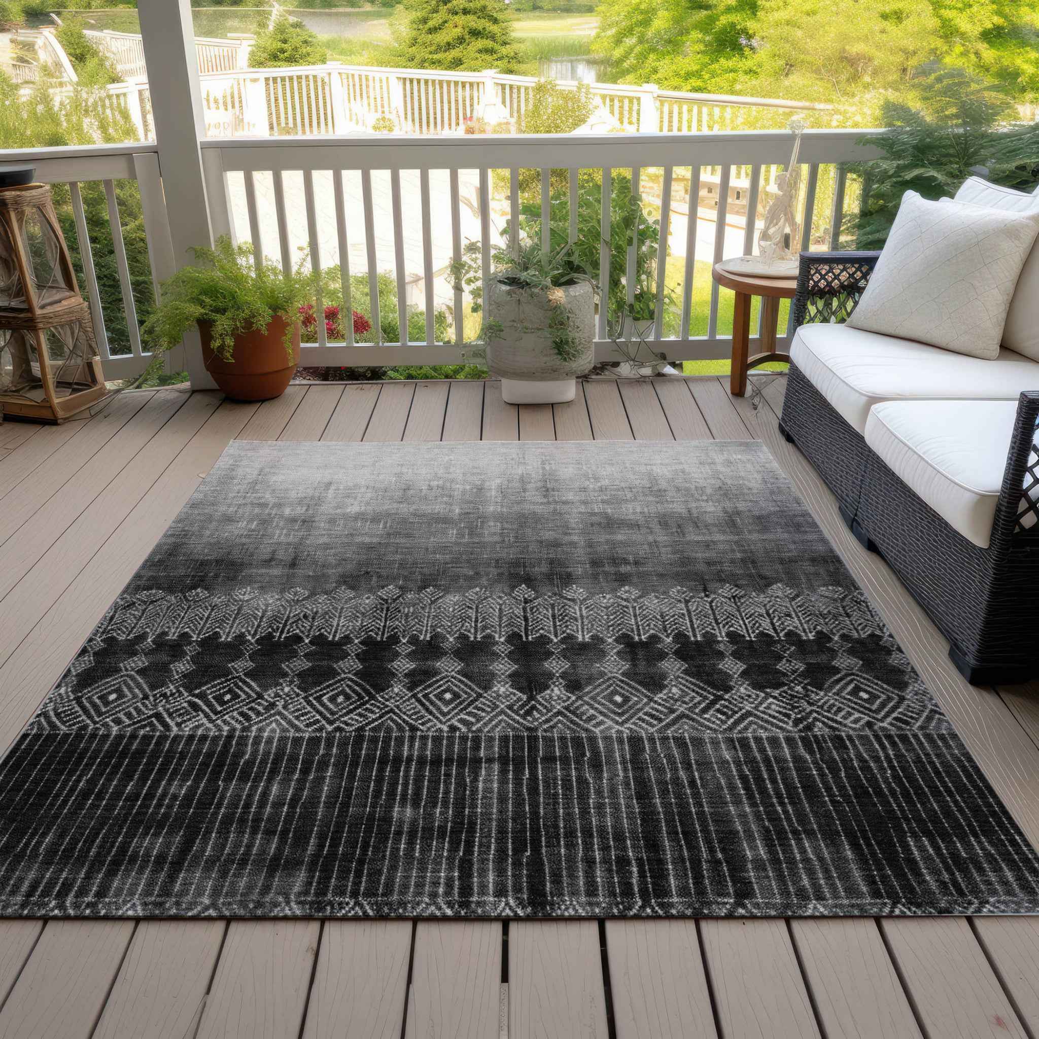 8' X 10' Black Ivory And Gray Ombre Washable Indoor Outdoor Area Rug