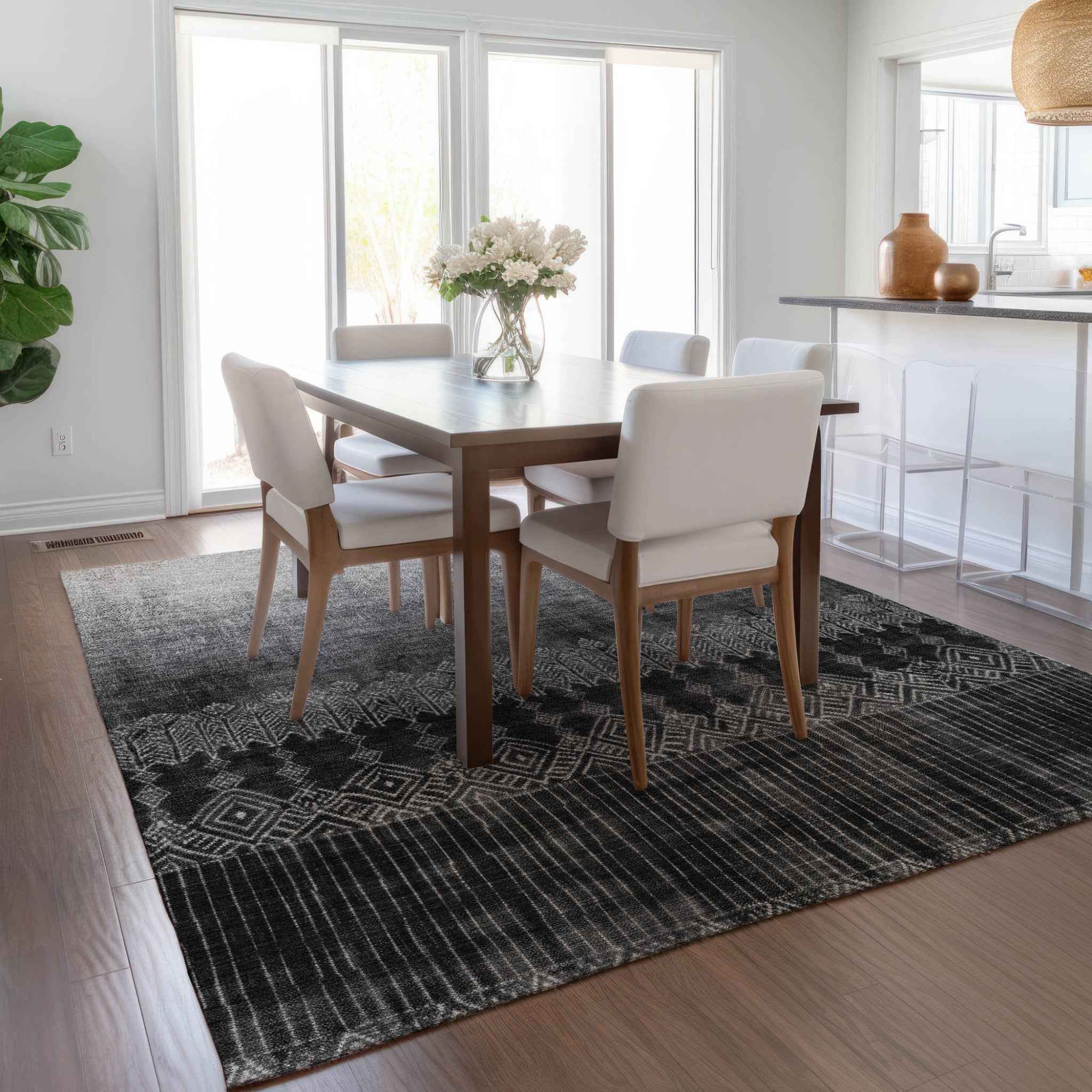 8' X 10' Black Ivory And Gray Ombre Washable Indoor Outdoor Area Rug