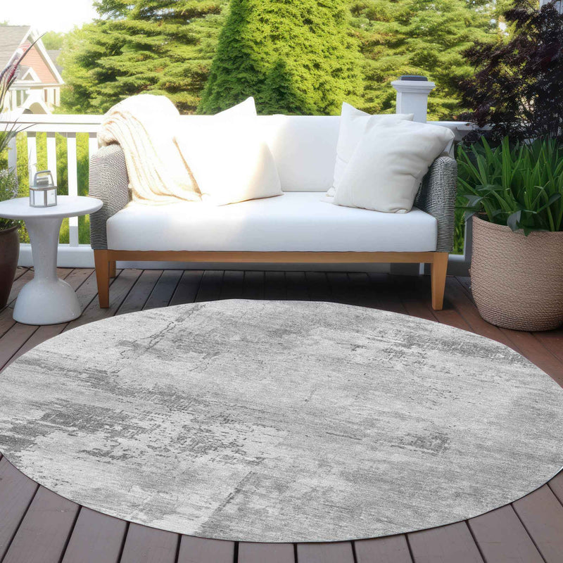 8' Gray And Silver Round Abstract Washable Indoor Outdoor Area Rug