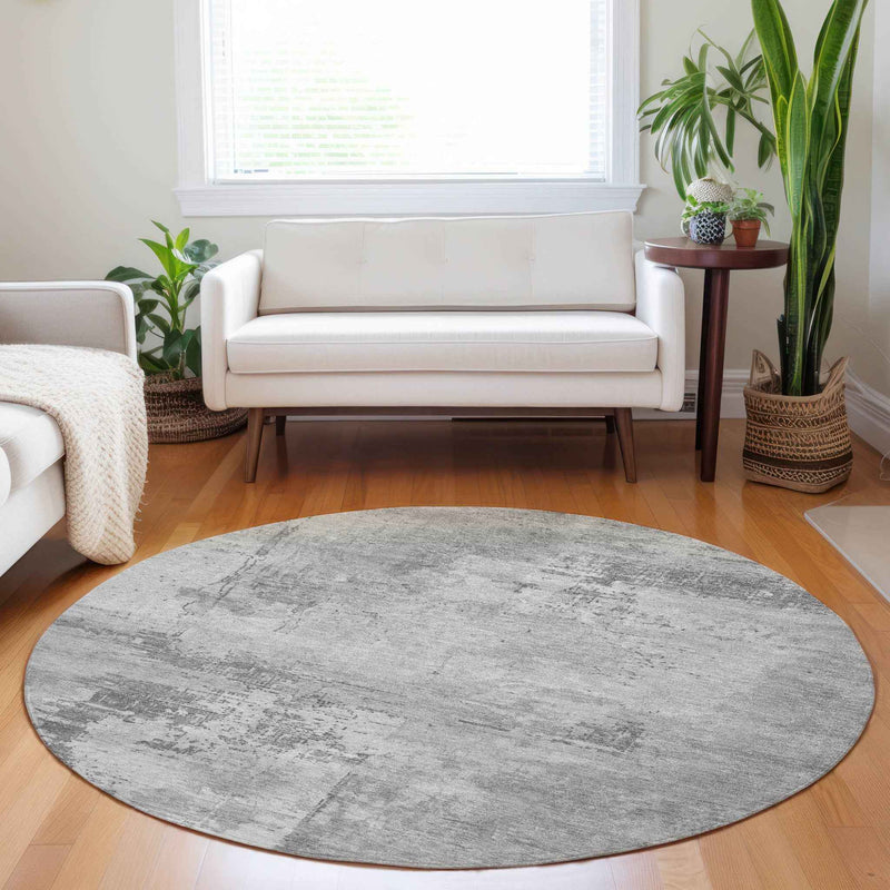 8' Gray And Silver Round Abstract Washable Indoor Outdoor Area Rug