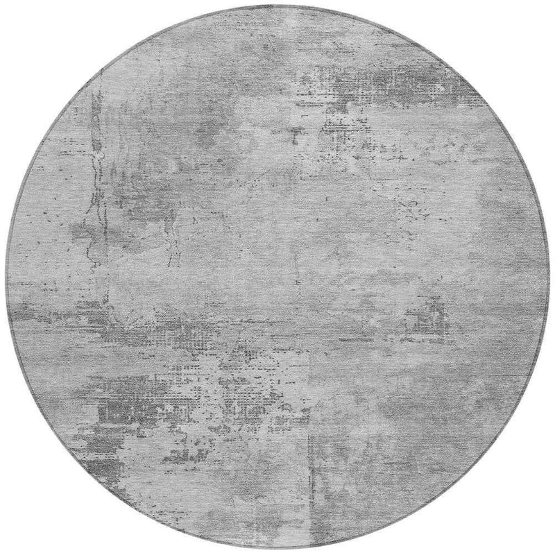 8' Gray And Silver Round Abstract Washable Indoor Outdoor Area Rug