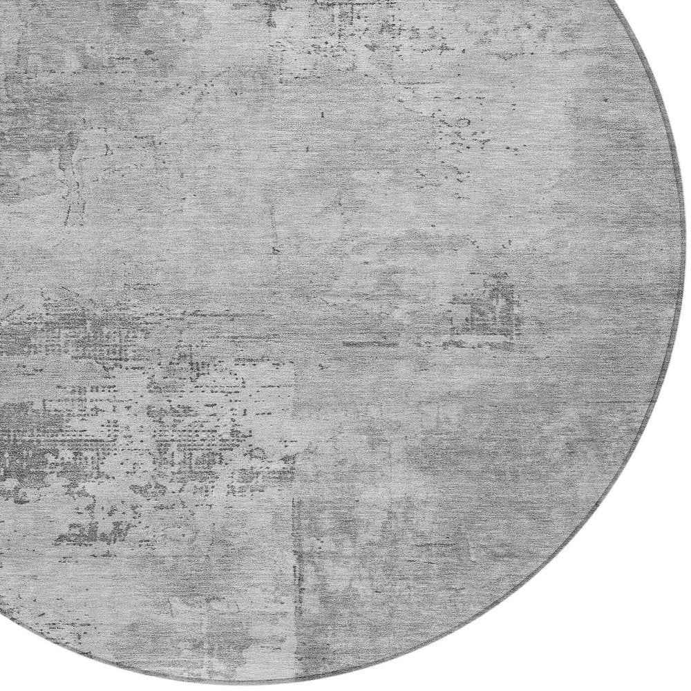 8' Gray And Silver Round Abstract Washable Indoor Outdoor Area Rug