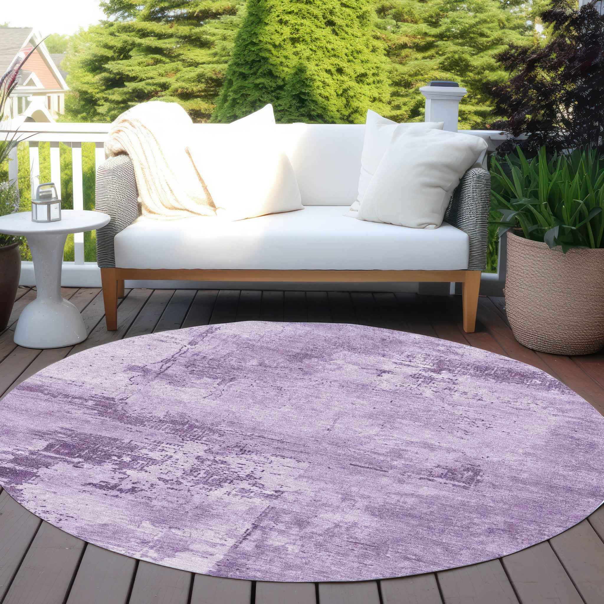 8' Lavender And Purple Round Abstract Washable Indoor Outdoor Area Rug