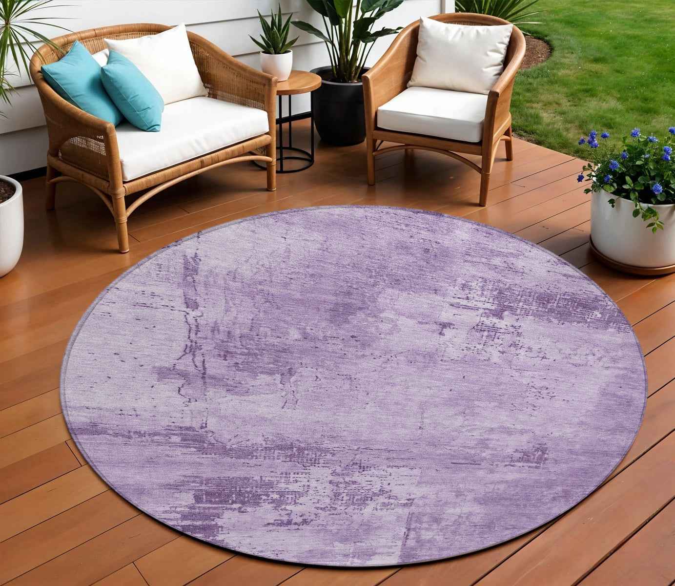 8' Lavender And Purple Round Abstract Washable Indoor Outdoor Area Rug