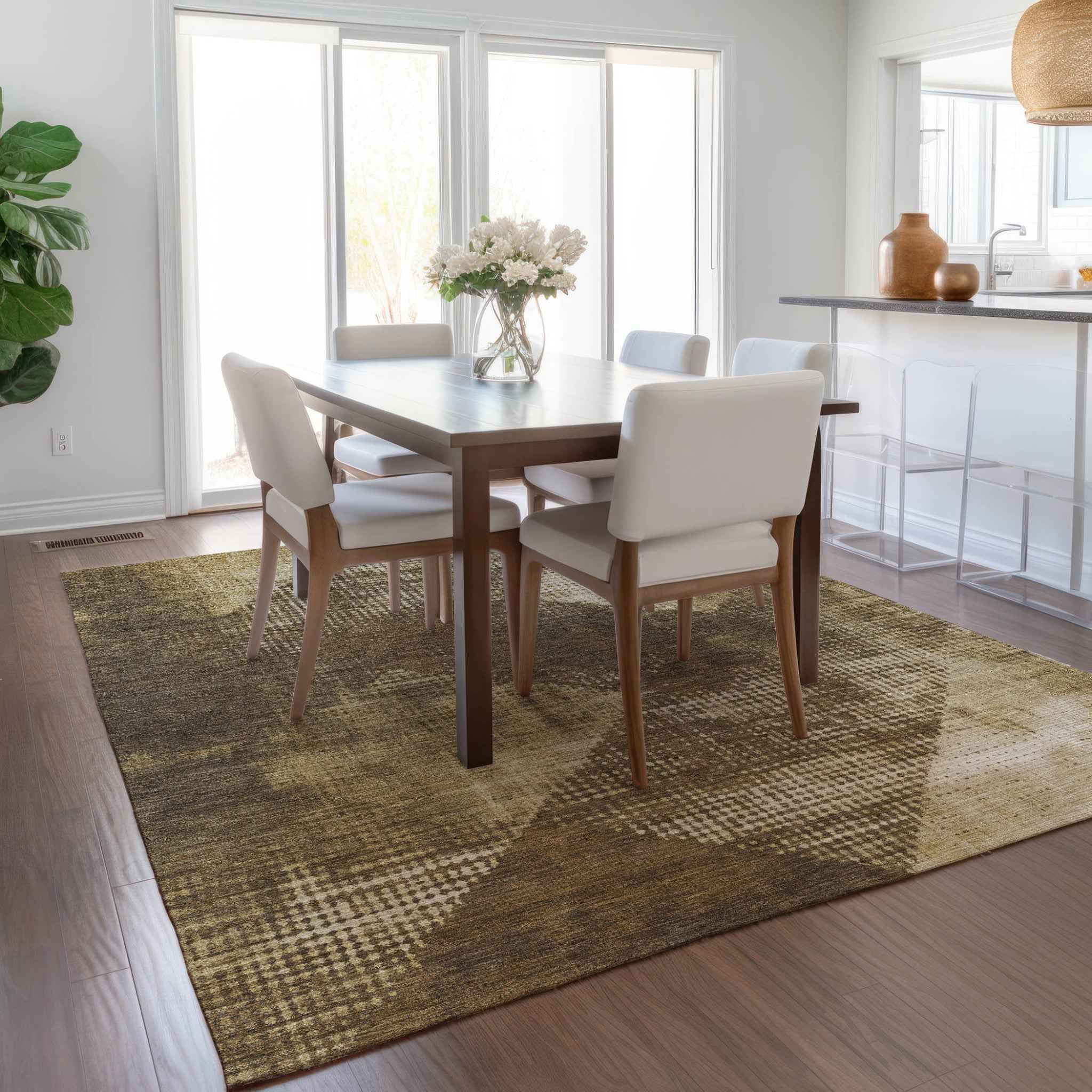 8' X 10' Brown And Beige Geometric Washable Indoor Outdoor Area Rug