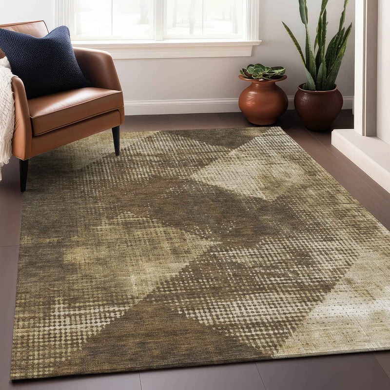 8' X 10' Brown And Beige Geometric Washable Indoor Outdoor Area Rug