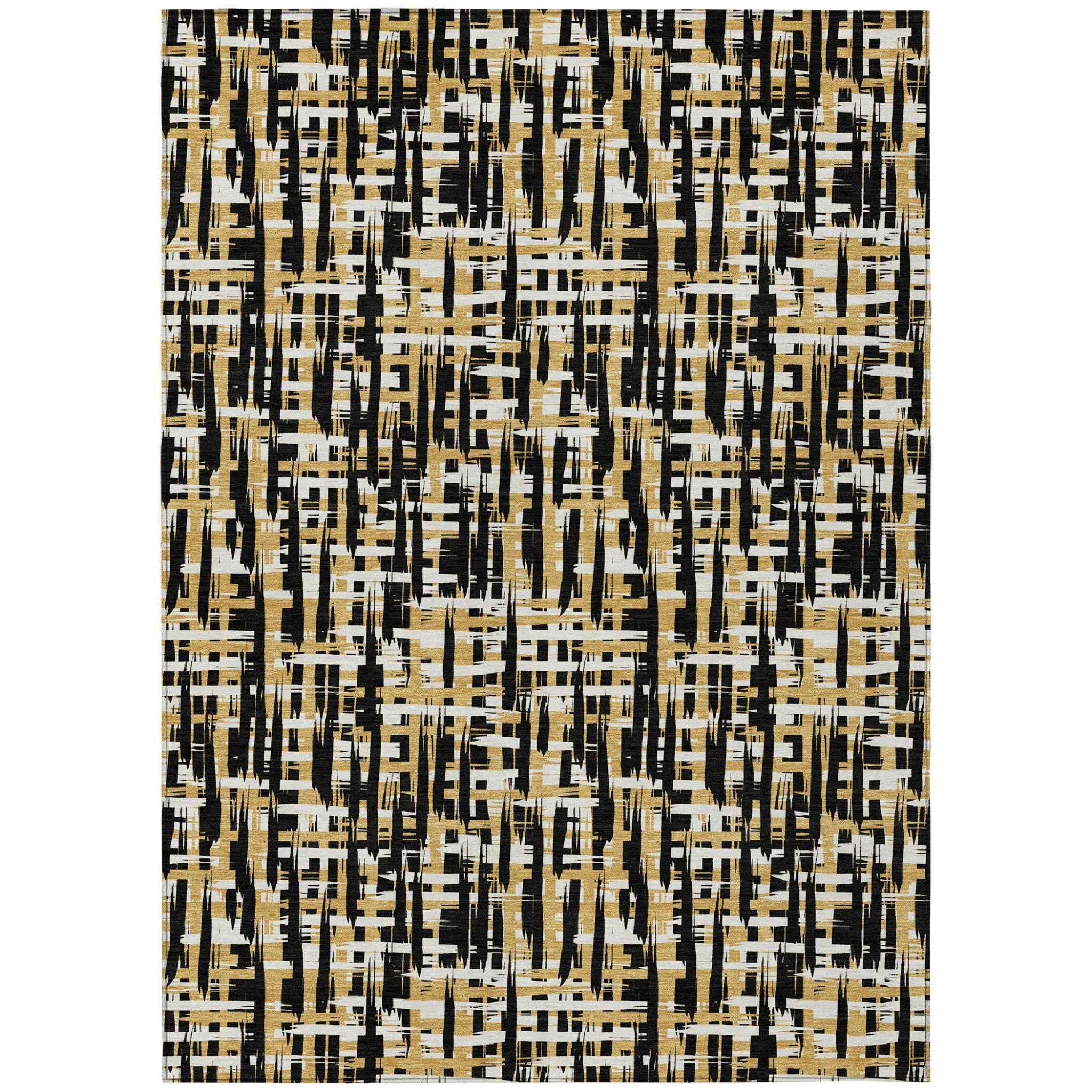 9' X 12' Black Gold And Ivory Abstract Washable Indoor Outdoor Area Rug