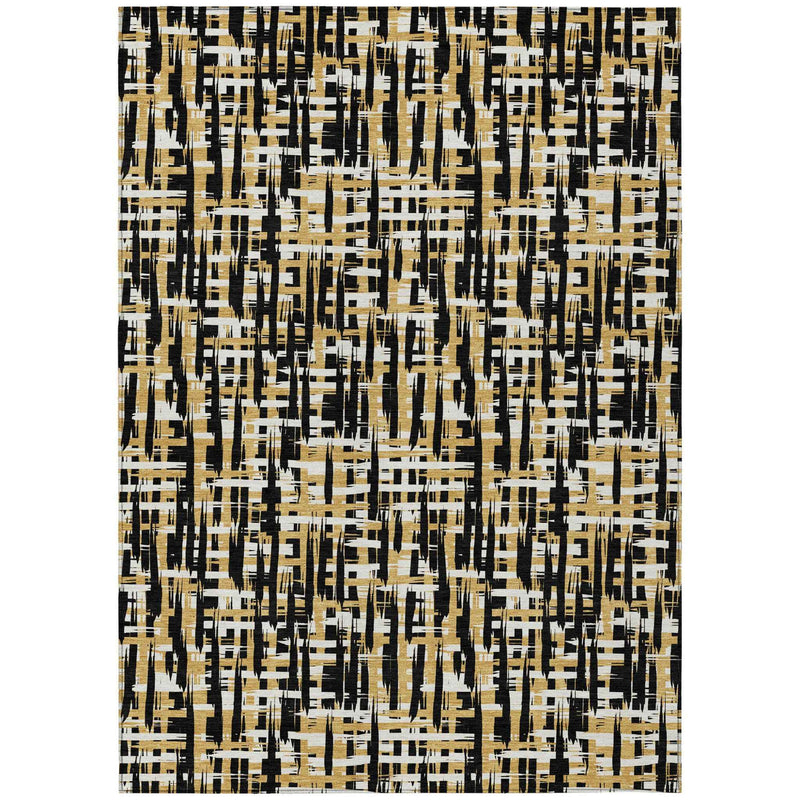 9' X 12' Black Gold And Ivory Abstract Washable Indoor Outdoor Area Rug