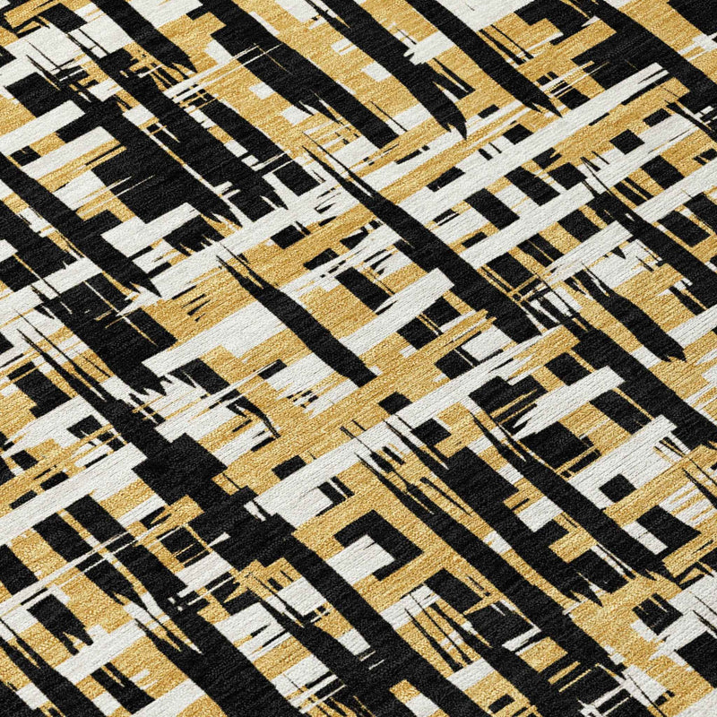 9' X 12' Black Gold And Ivory Abstract Washable Indoor Outdoor Area Rug