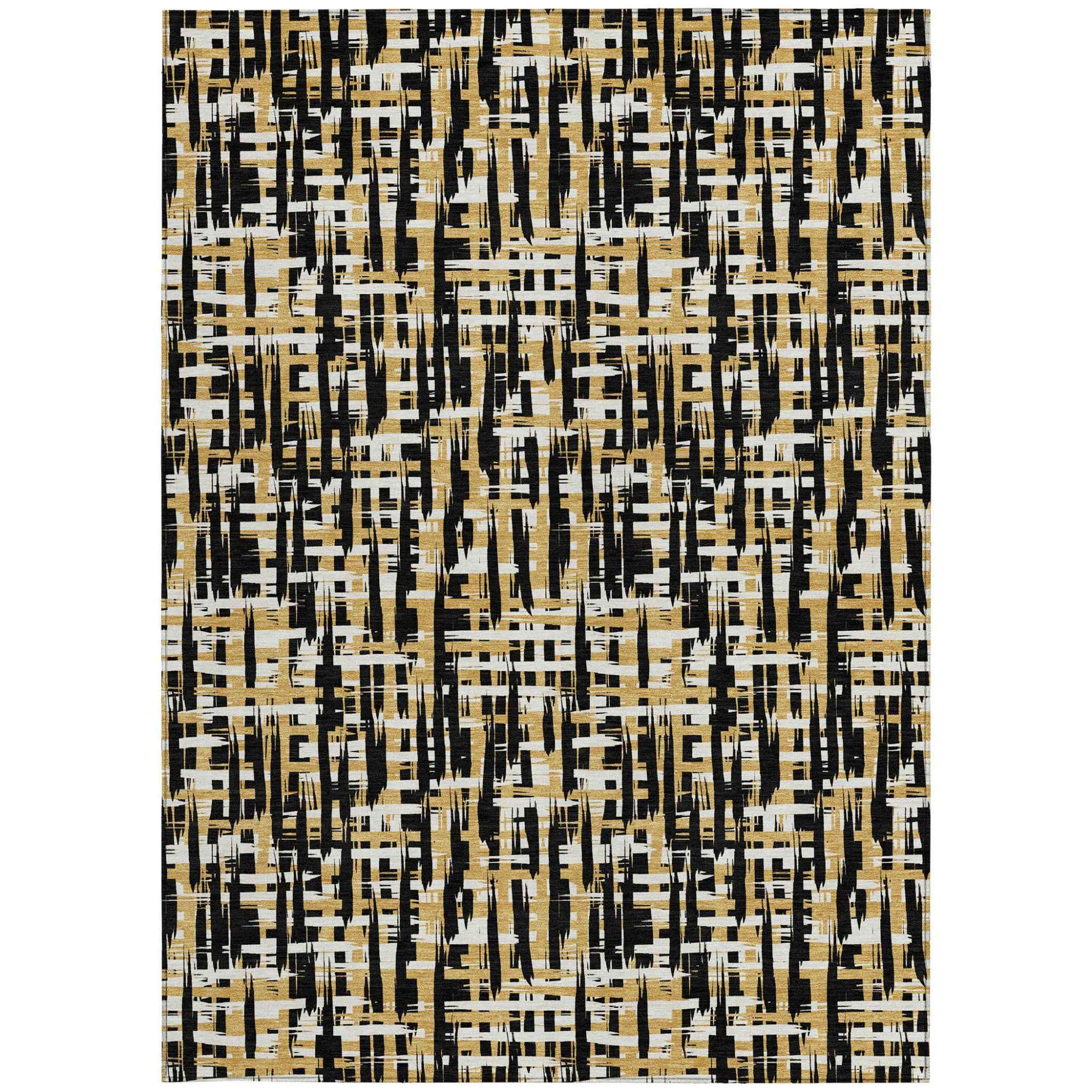 9' X 12' Black Gold And Ivory Abstract Washable Indoor Outdoor Area Rug