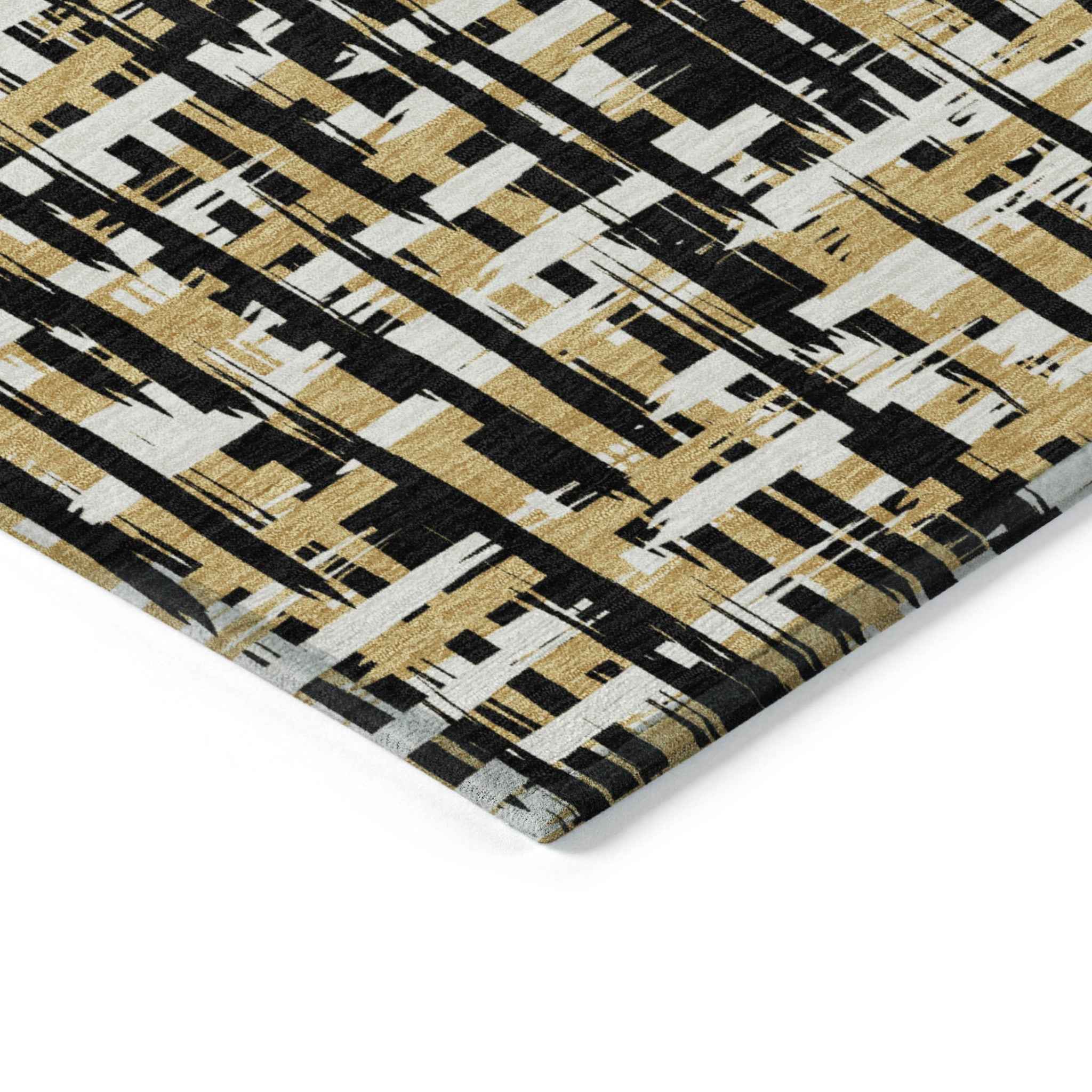 9' X 12' Black Gold And Ivory Abstract Washable Indoor Outdoor Area Rug
