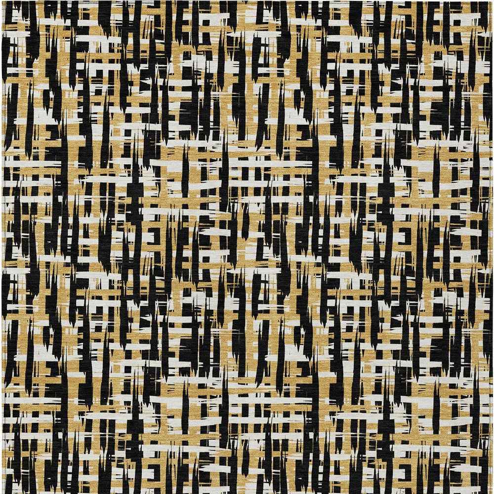 9' X 12' Black Gold And Ivory Abstract Washable Indoor Outdoor Area Rug