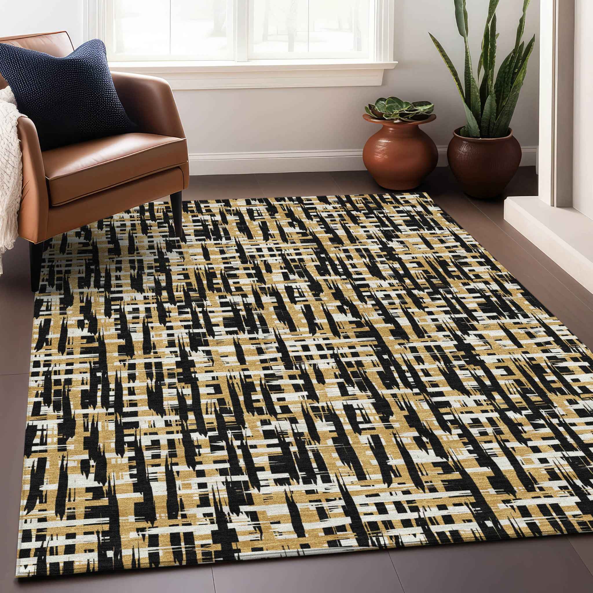 9' X 12' Black Gold And Ivory Abstract Washable Indoor Outdoor Area Rug