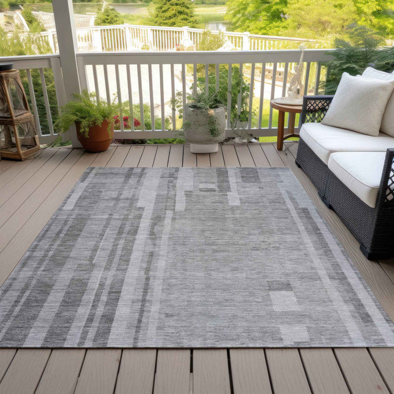 9' X 12' Gray And Silver Striped Washable Indoor Outdoor Area Rug