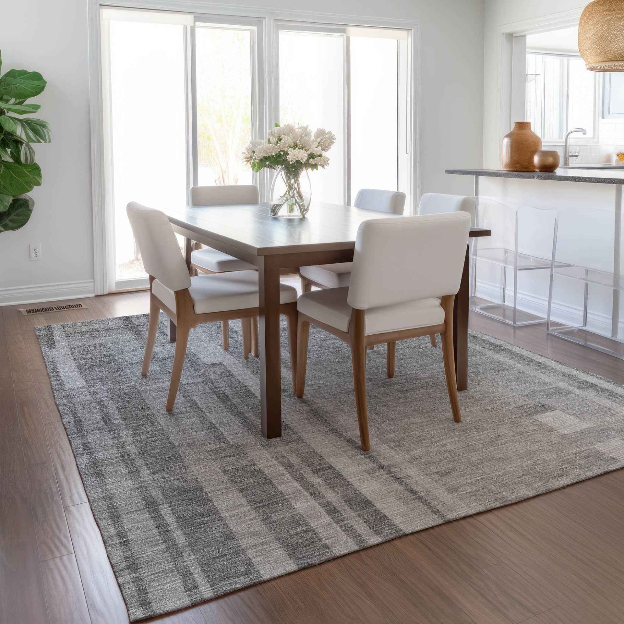 9' X 12' Gray And Silver Striped Washable Indoor Outdoor Area Rug