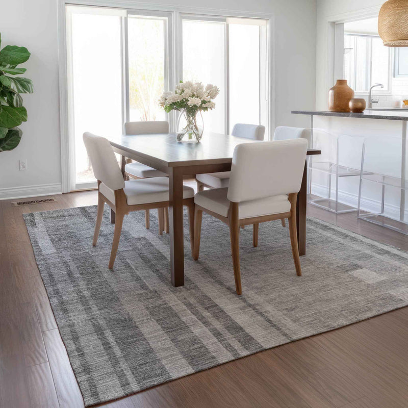 9' X 12' Gray And Silver Striped Washable Indoor Outdoor Area Rug