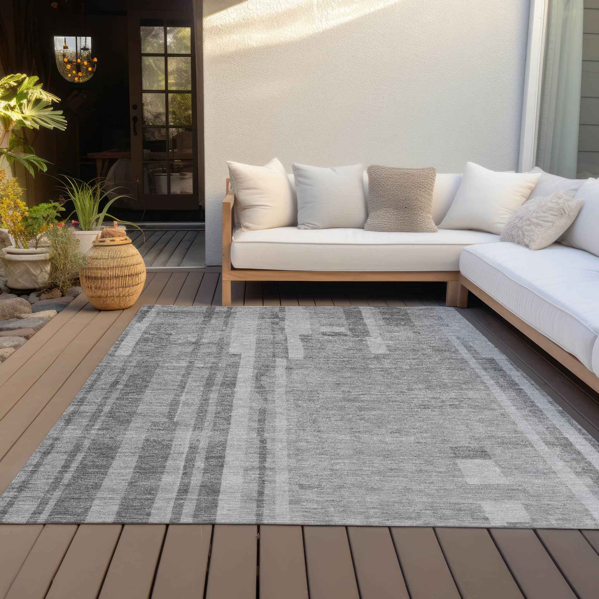 9' X 12' Gray And Silver Striped Washable Indoor Outdoor Area Rug
