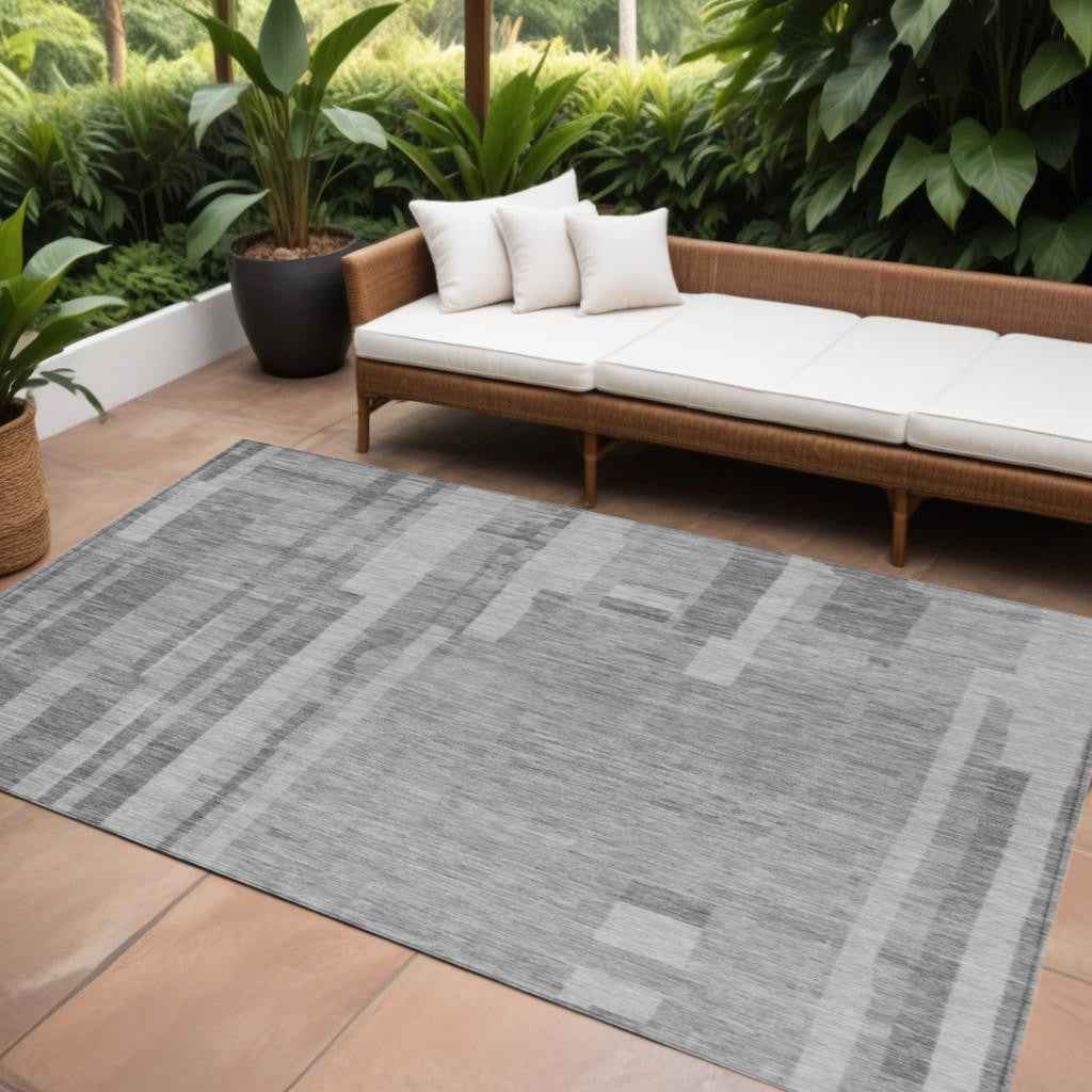 9' X 12' Gray And Silver Striped Washable Indoor Outdoor Area Rug