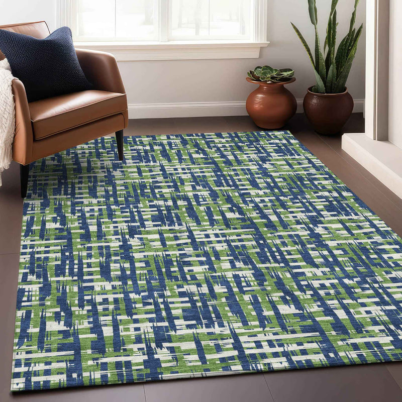 3' X 5' Navy Blue Green And Ivory Abstract Washable Indoor Outdoor Area Rug