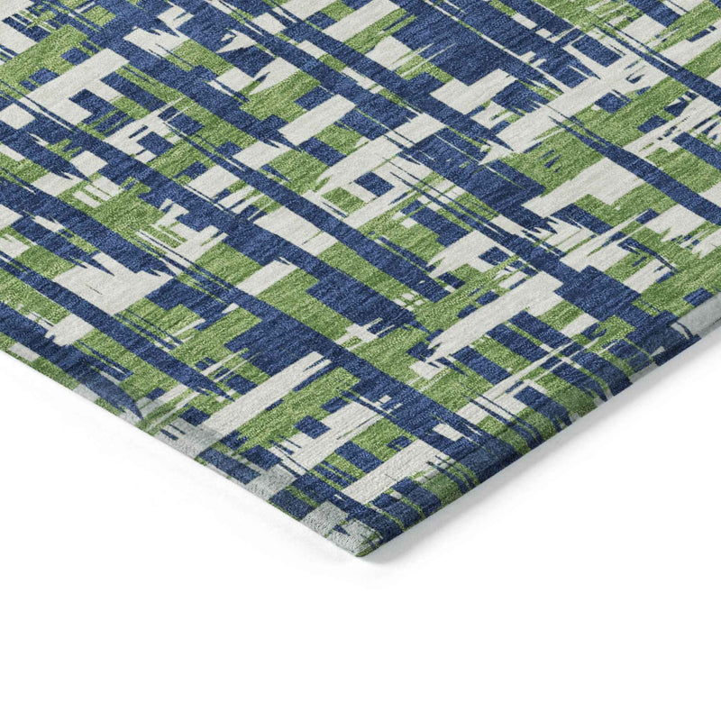 3' X 5' Navy Blue Green And Ivory Abstract Washable Indoor Outdoor Area Rug
