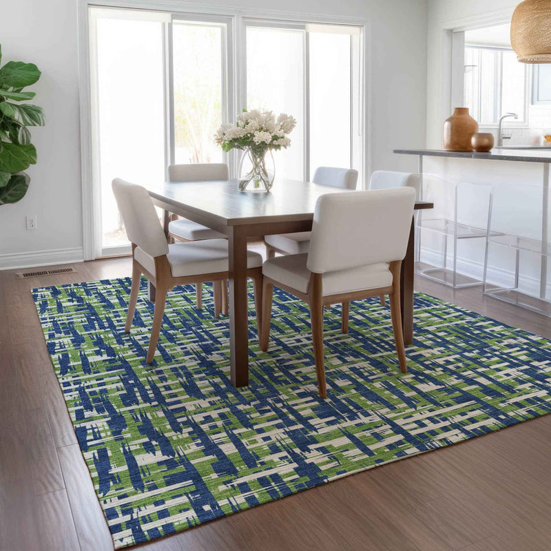 3' X 5' Navy Blue Green And Ivory Abstract Washable Indoor Outdoor Area Rug