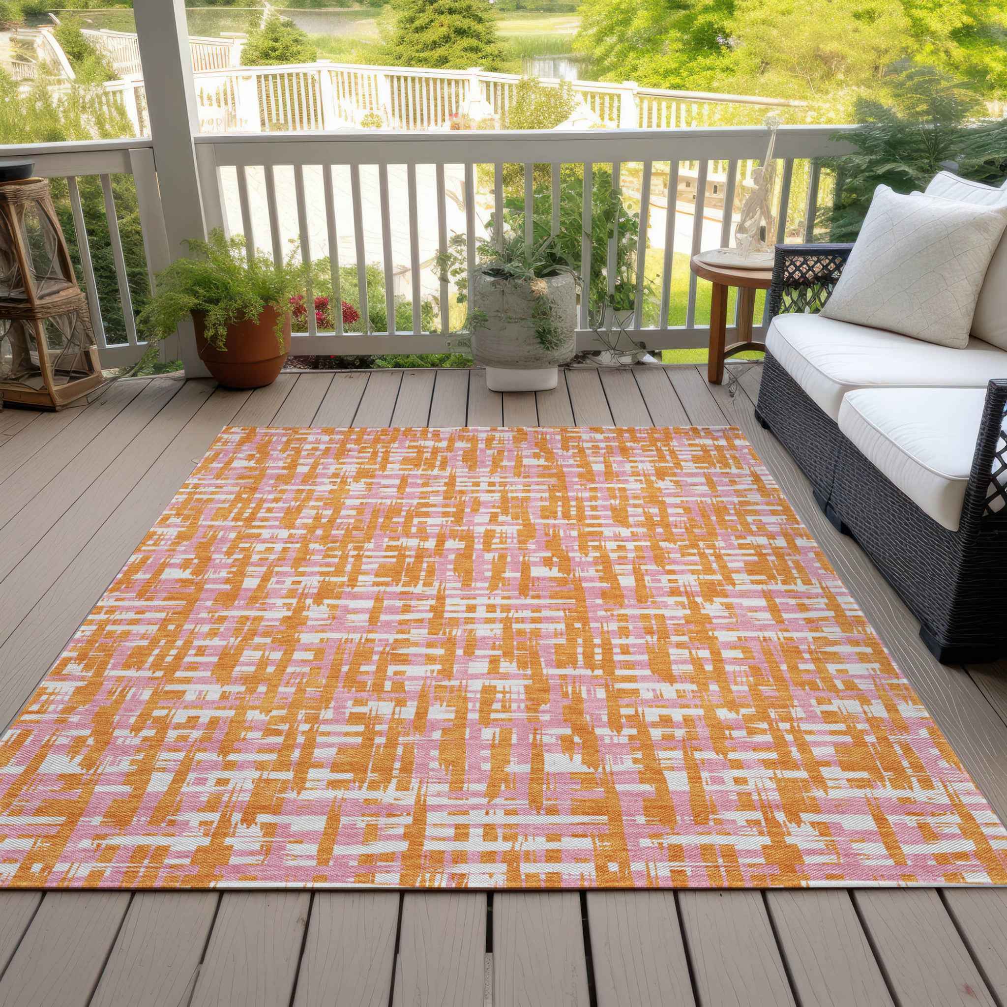 3' X 5' Orange Pink And Beige Abstract Washable Indoor Outdoor Area Rug