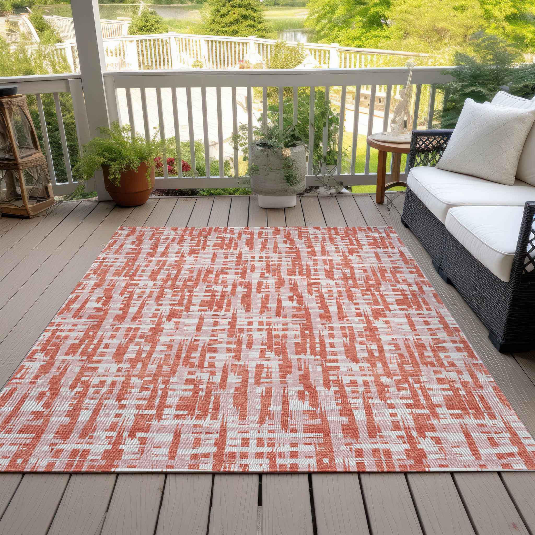 9' X 12' Coral Pink And Ivory Abstract Washable Indoor Outdoor Area Rug
