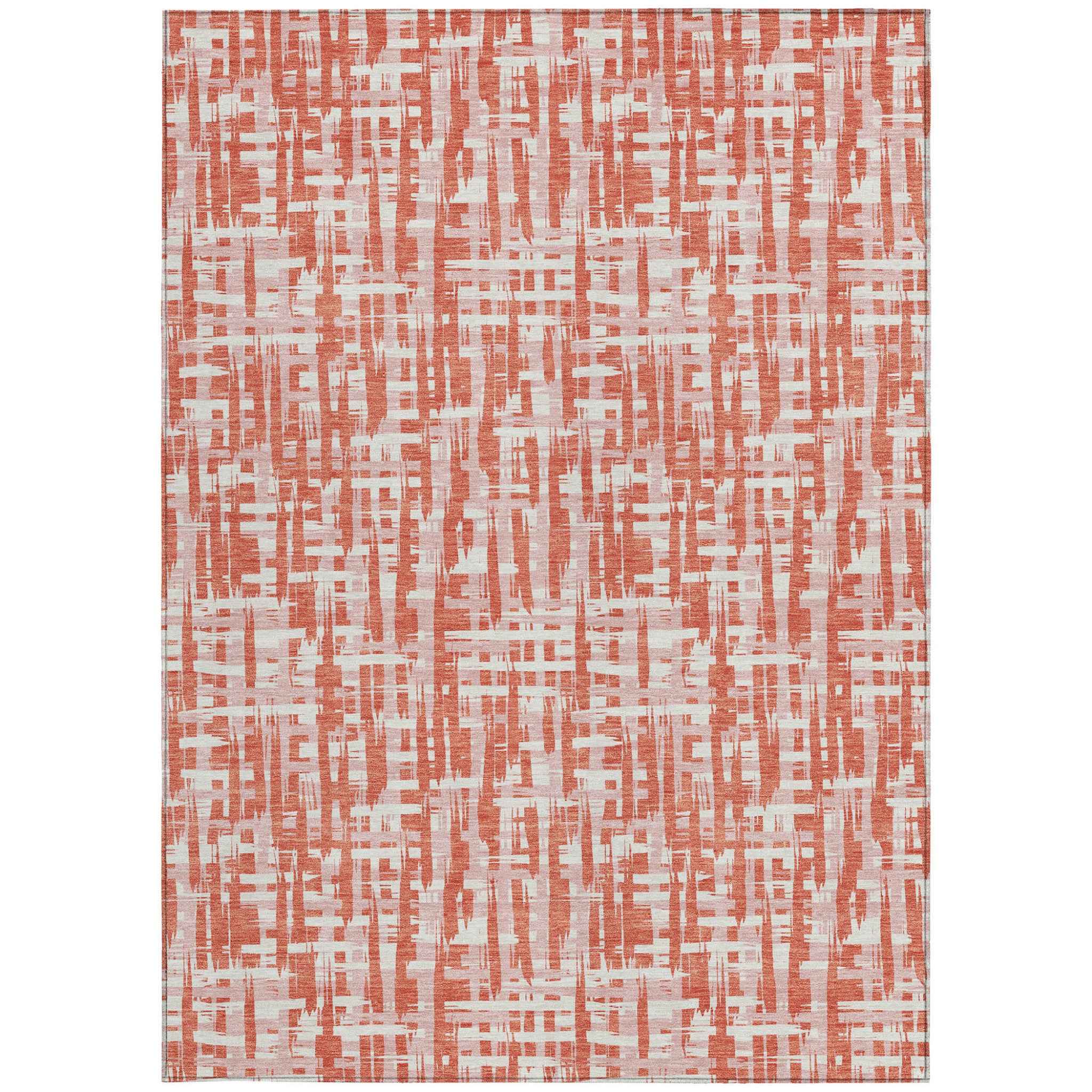 9' X 12' Coral Pink And Ivory Abstract Washable Indoor Outdoor Area Rug