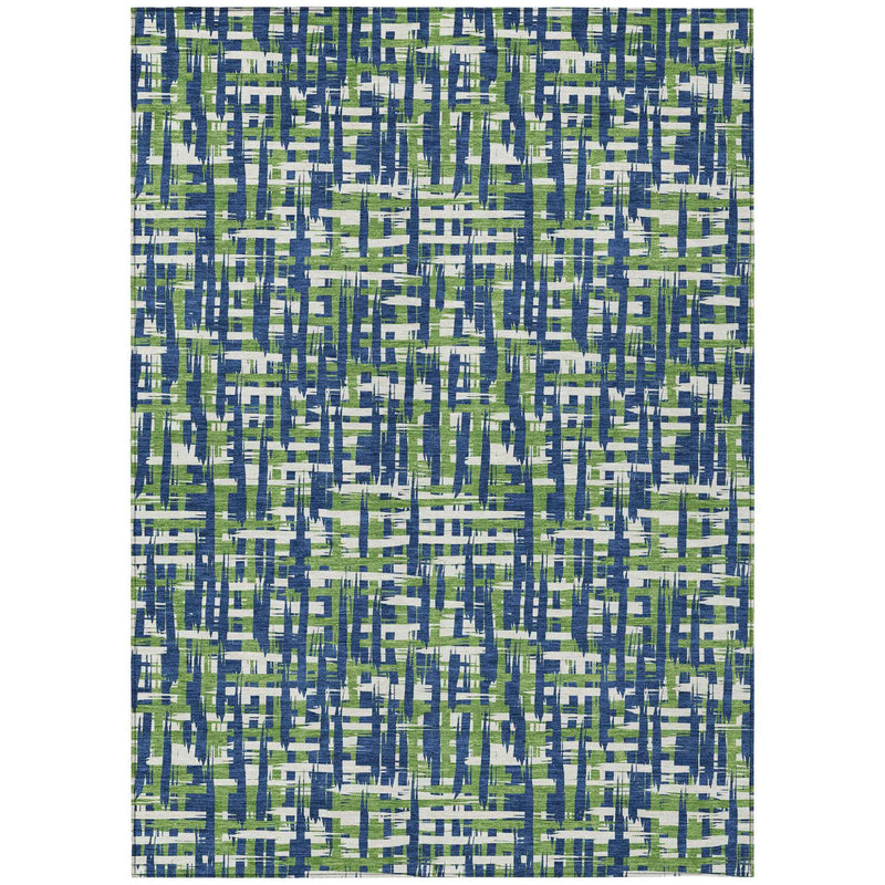 9' X 12' Navy Blue Green And Ivory Abstract Washable Indoor Outdoor Area Rug