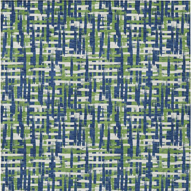9' X 12' Navy Blue Green And Ivory Abstract Washable Indoor Outdoor Area Rug