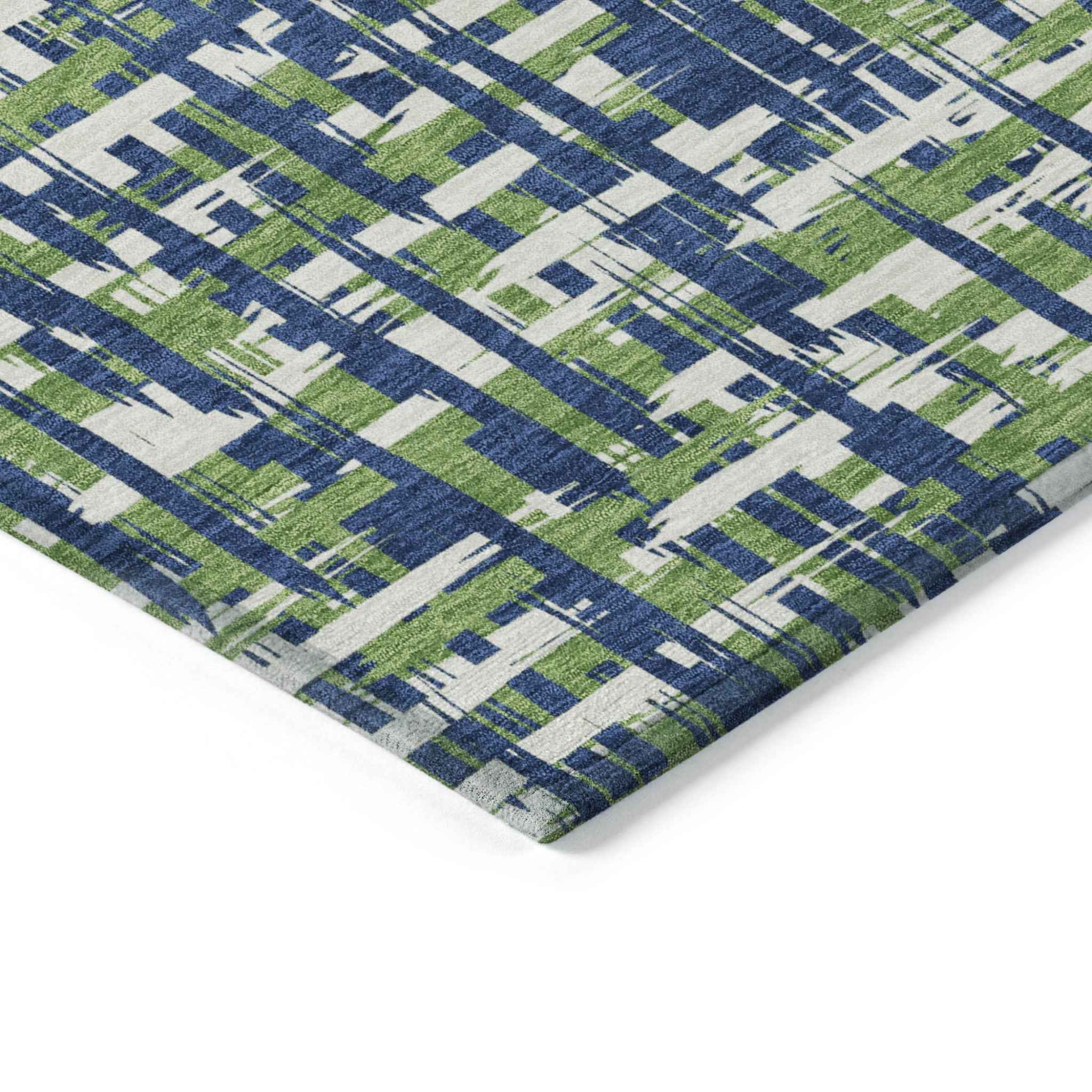 9' X 12' Navy Blue Green And Ivory Abstract Washable Indoor Outdoor Area Rug