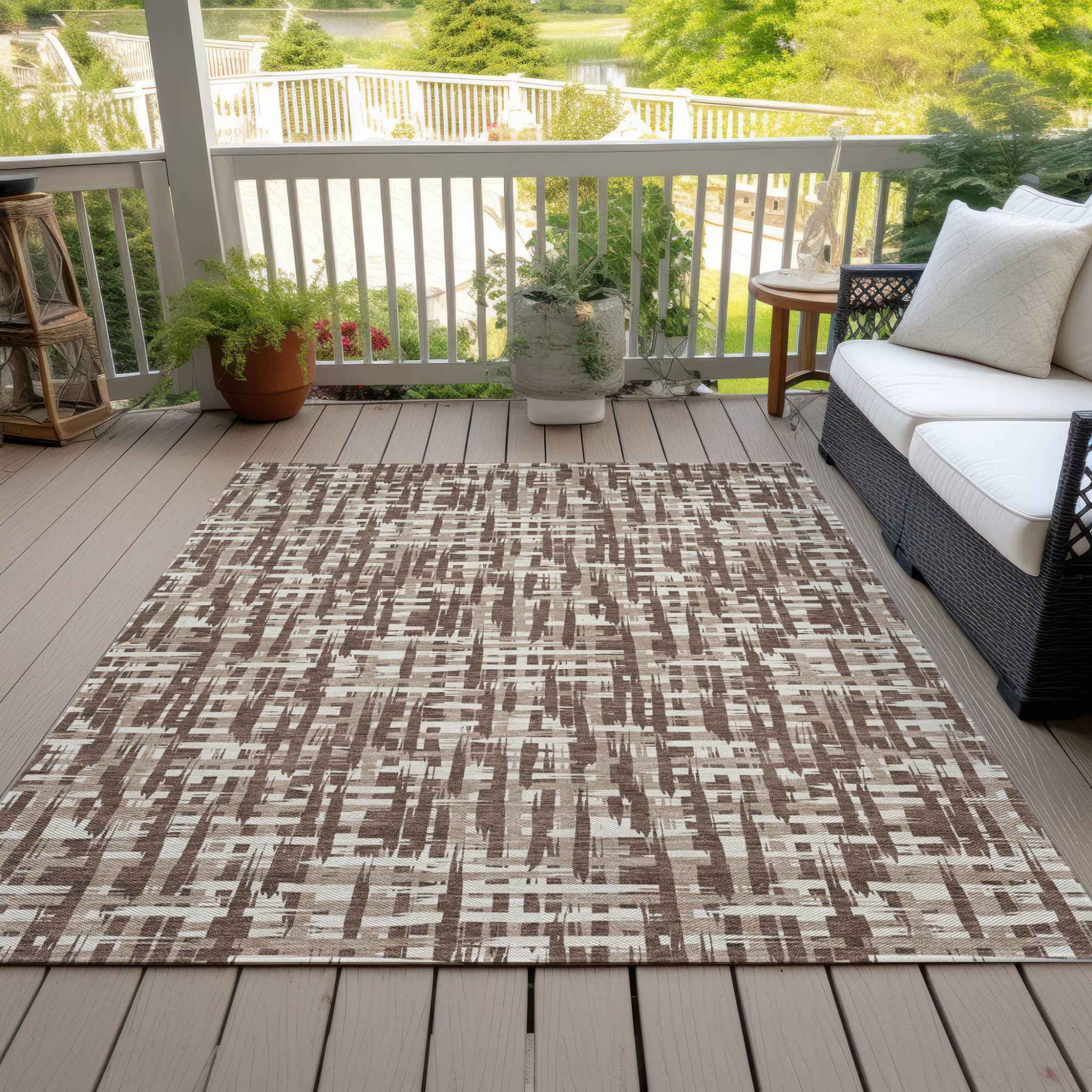 8' X 10' Brown Tan And Beige Abstract Washable Indoor Outdoor Area Rug