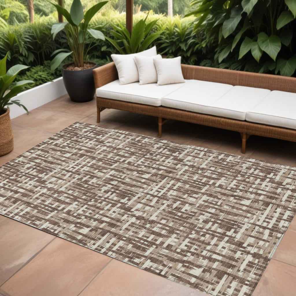 8' X 10' Brown Tan And Beige Abstract Washable Indoor Outdoor Area Rug