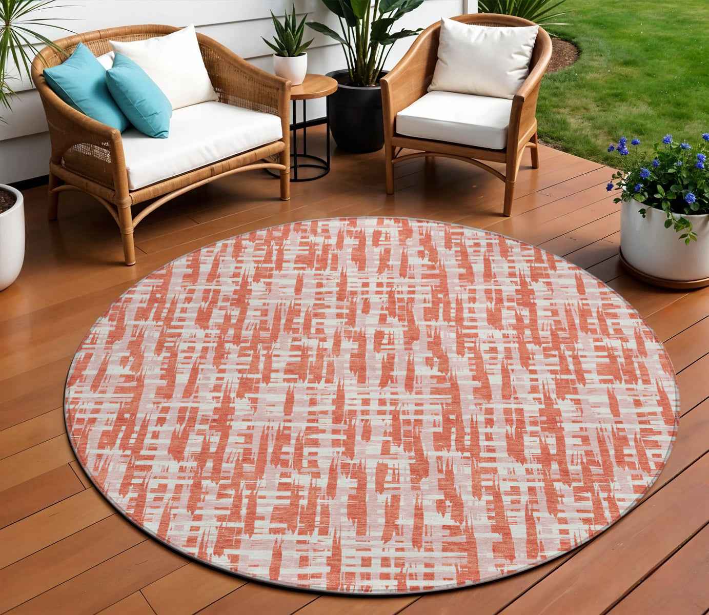 8' Coral Pink And Ivory Round Abstract Washable Indoor Outdoor Area Rug