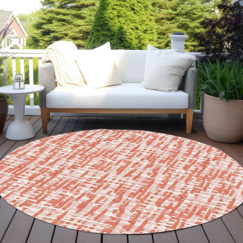 8' Coral Pink And Ivory Round Abstract Washable Indoor Outdoor Area Rug
