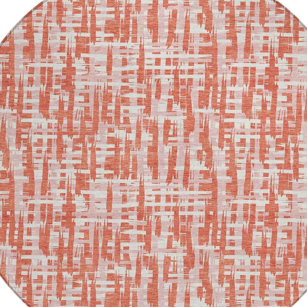 8' Coral Pink And Ivory Round Abstract Washable Indoor Outdoor Area Rug