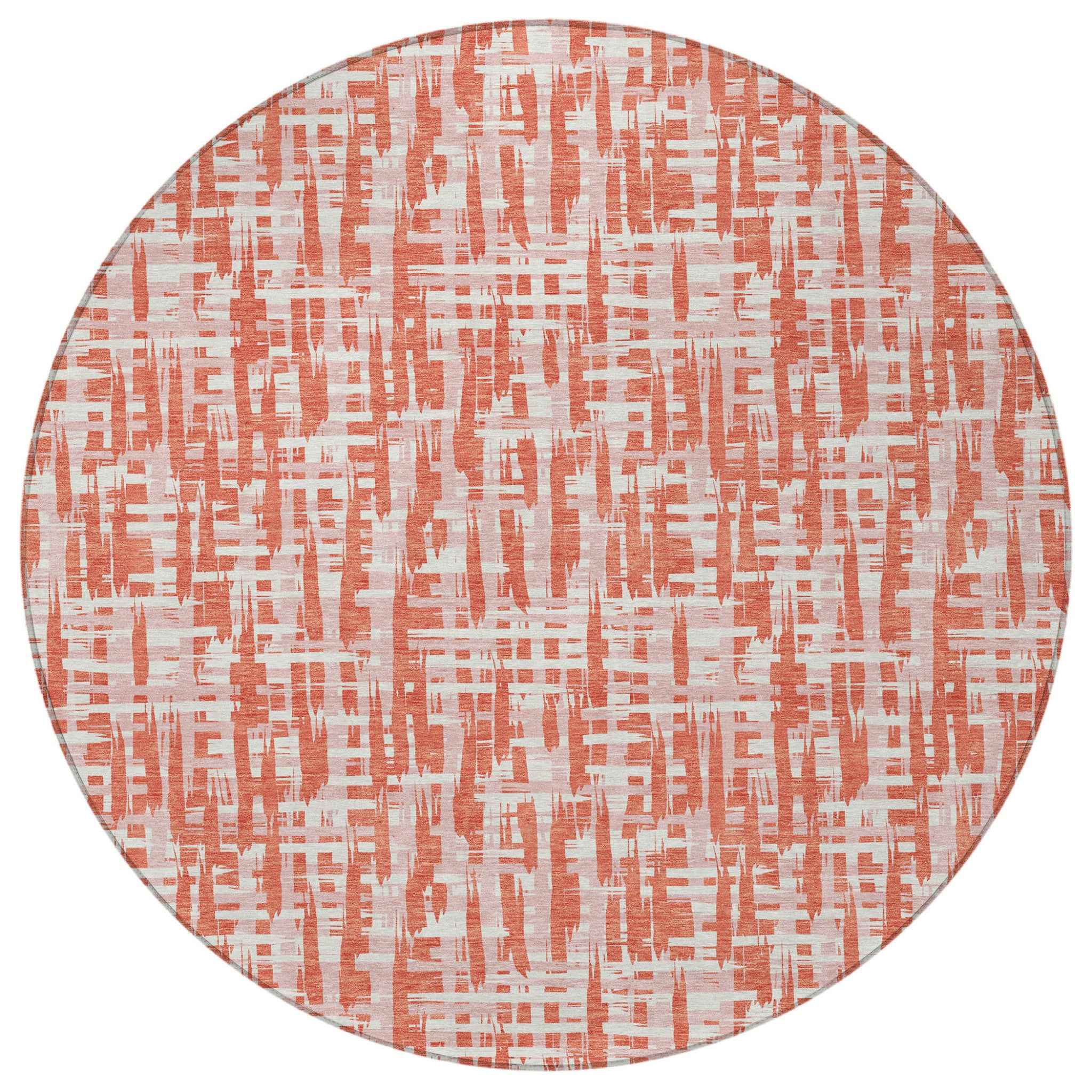 8' Coral Pink And Ivory Round Abstract Washable Indoor Outdoor Area Rug