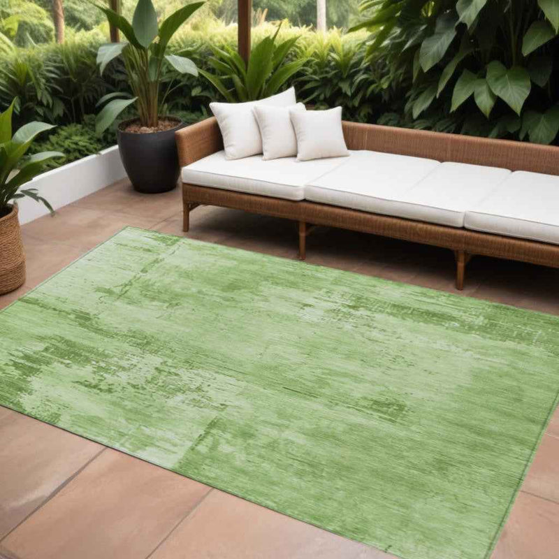 9' X 12' Green And Ivory Abstract Washable Indoor Outdoor Area Rug