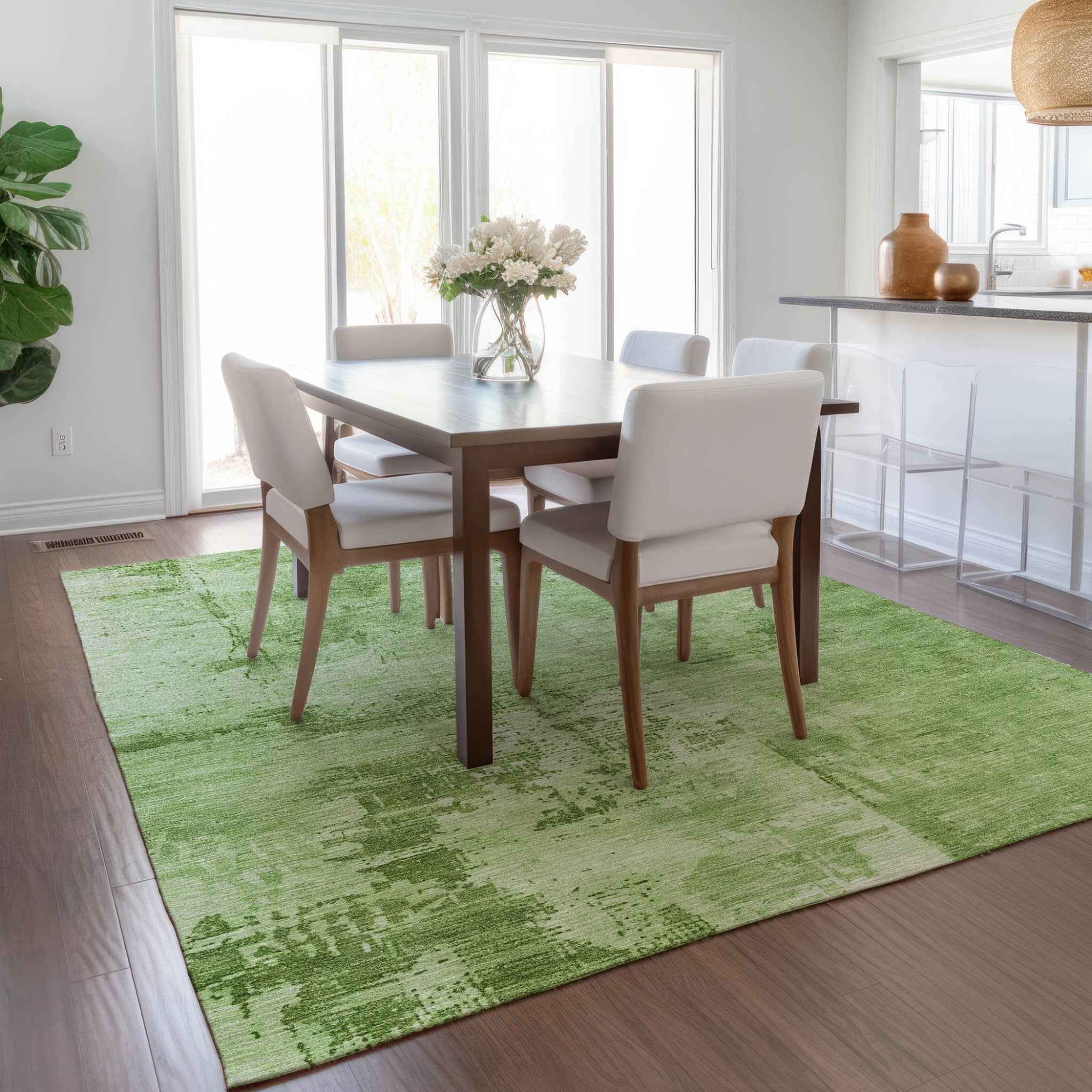 9' X 12' Green And Ivory Abstract Washable Indoor Outdoor Area Rug