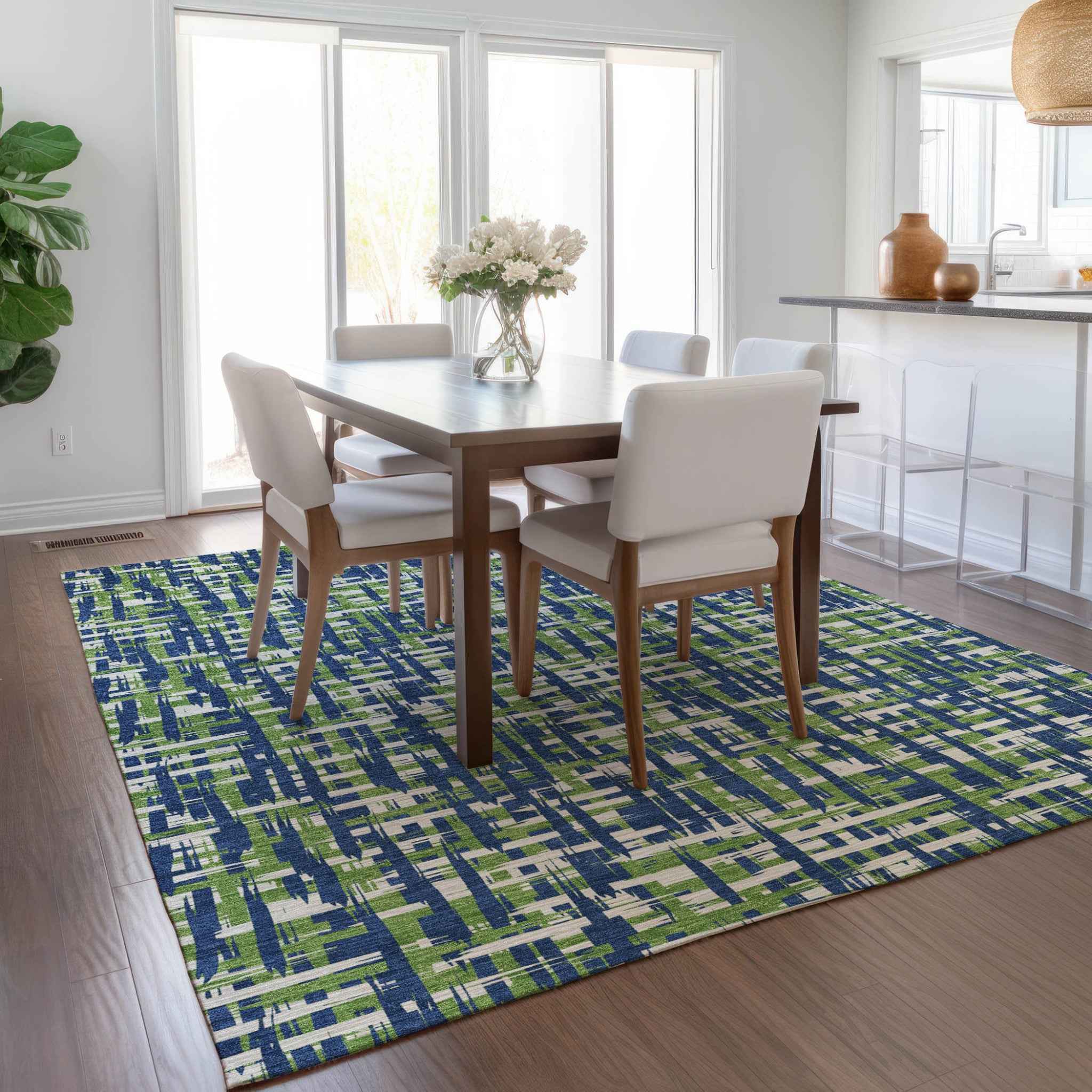 5' X 8' Navy Blue Green And Ivory Abstract Washable Indoor Outdoor Area Rug