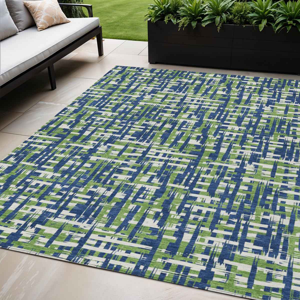 5' X 8' Navy Blue Green And Ivory Abstract Washable Indoor Outdoor Area Rug