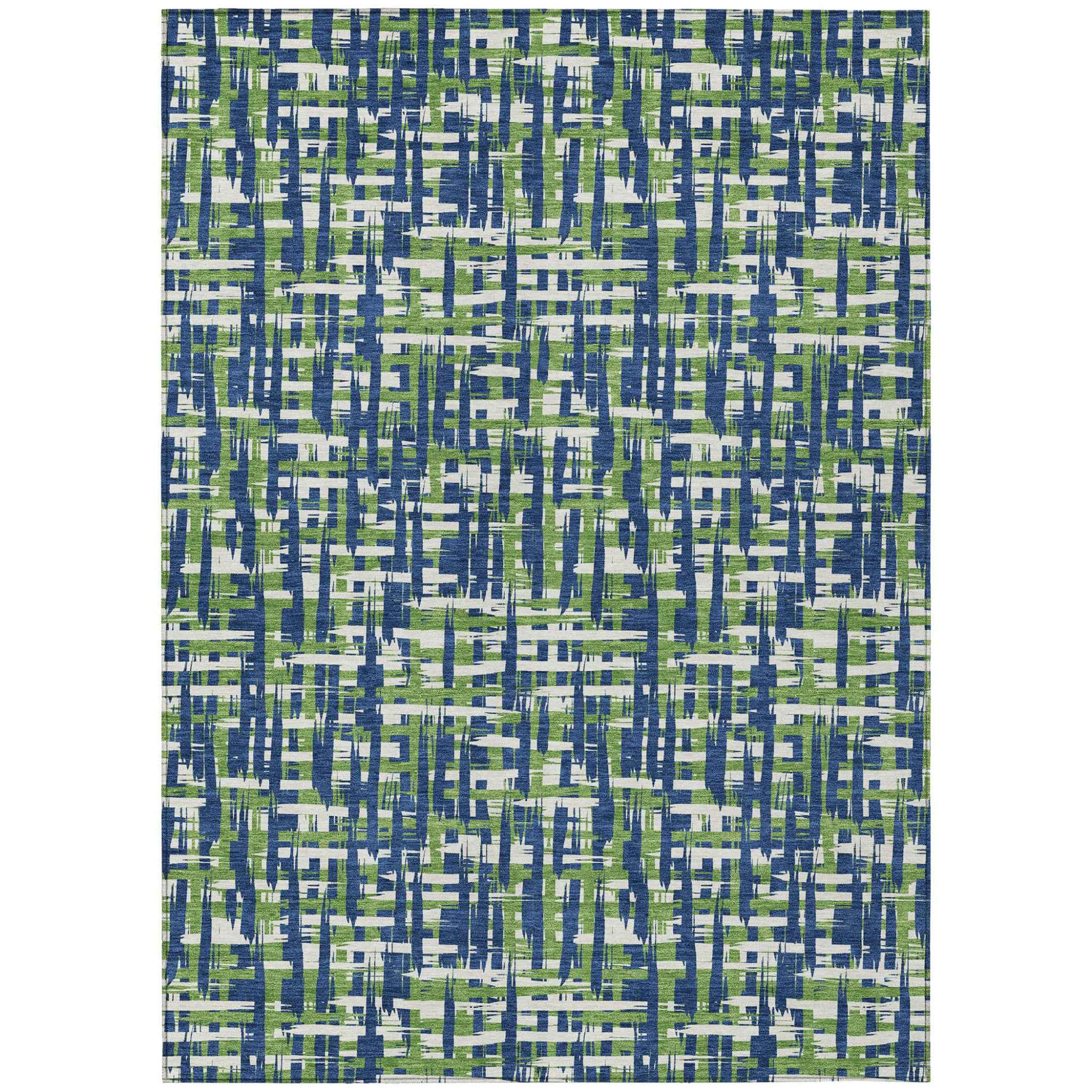 5' X 8' Navy Blue Green And Ivory Abstract Washable Indoor Outdoor Area Rug