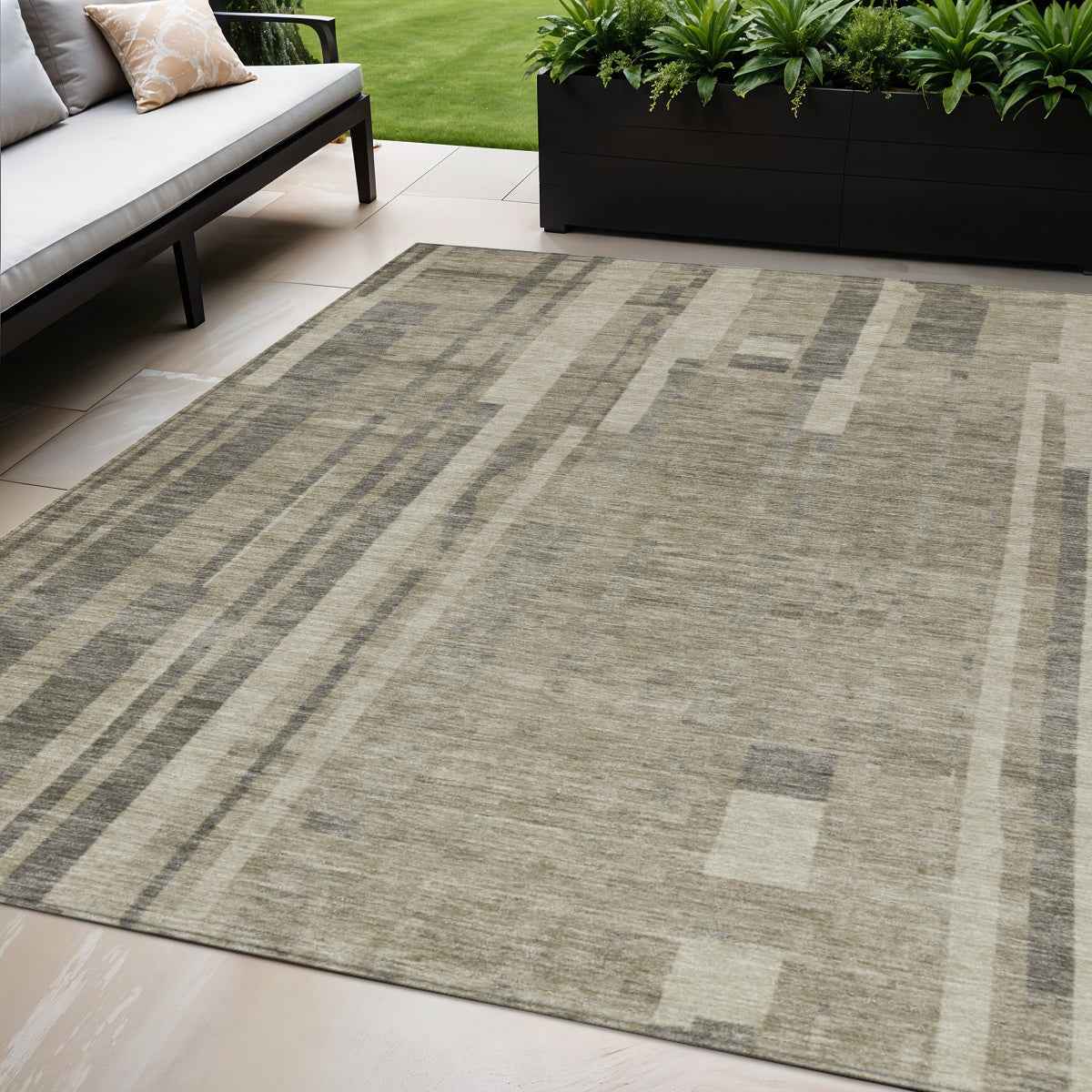 5' X 8' Taupe And Dark Gray Striped Washable Indoor Outdoor Area Rug