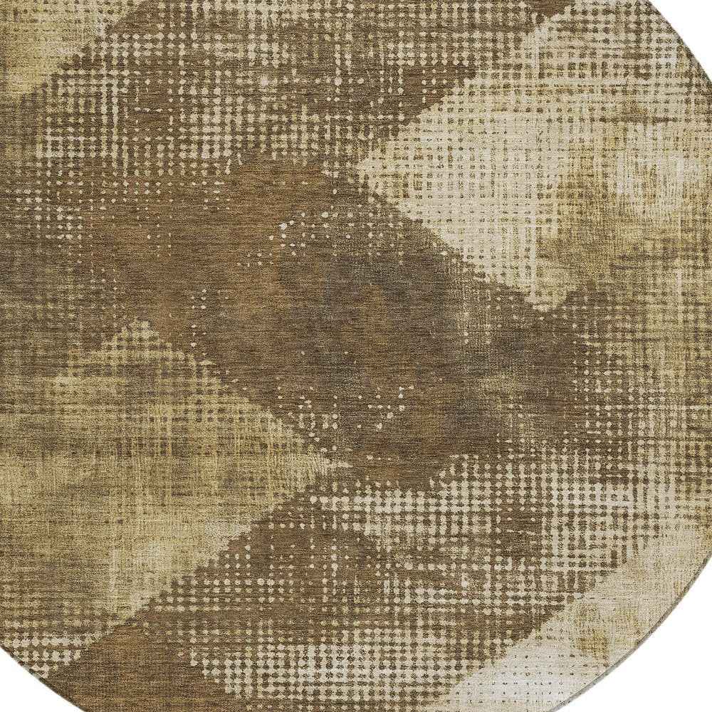 8' Brown And Beige Round Geometric Washable Indoor Outdoor Area Rug