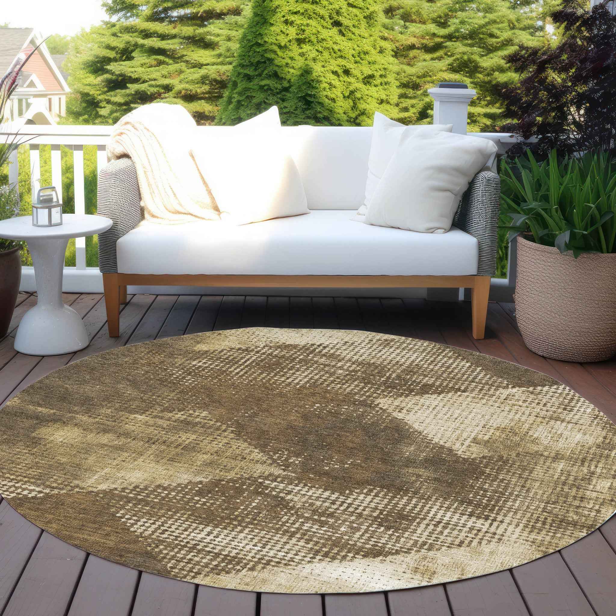 8' Brown And Beige Round Geometric Washable Indoor Outdoor Area Rug