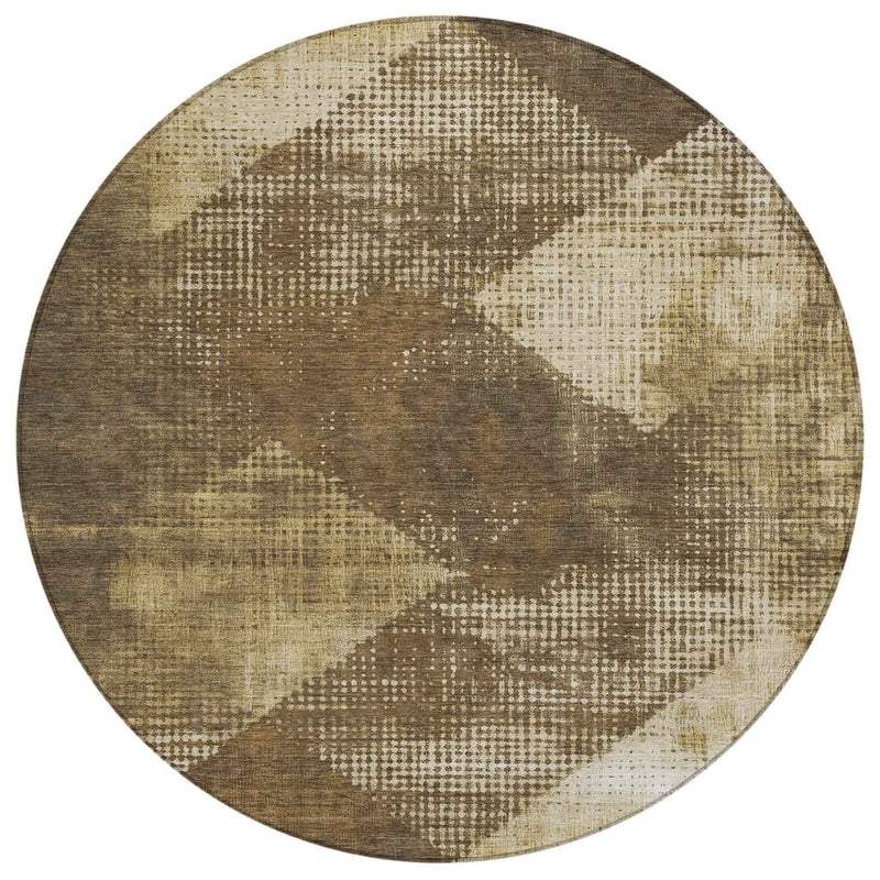 8' Brown And Beige Round Geometric Washable Indoor Outdoor Area Rug