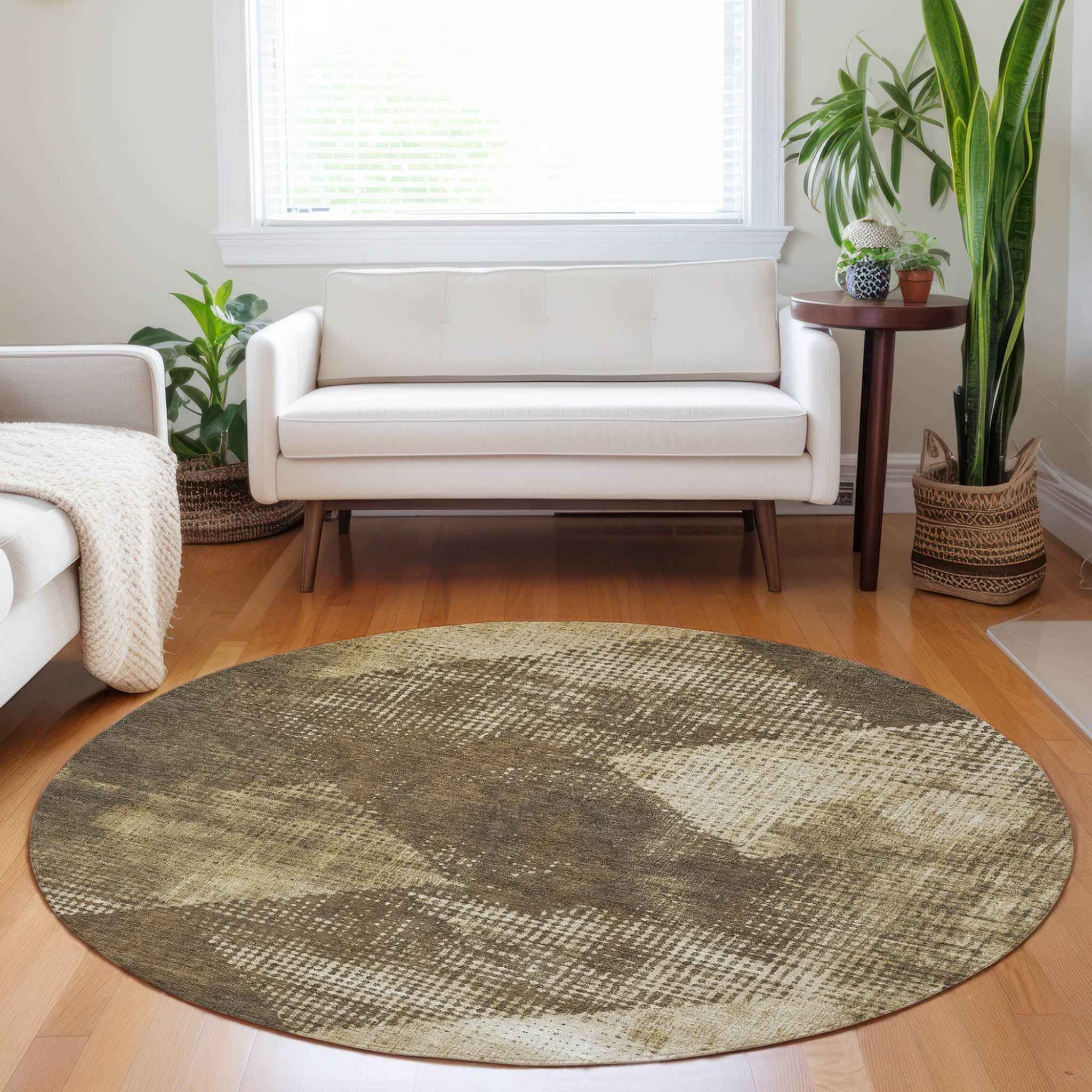 8' Brown And Beige Round Geometric Washable Indoor Outdoor Area Rug